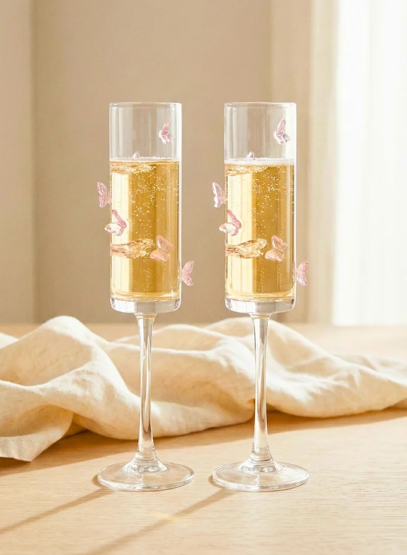 1Chase Champagne Flute Glasses with Butterfly Design, 180ML Elegant Stemware Set of 2, Clear Glass Sparkling Wine & Prosecco Glasses